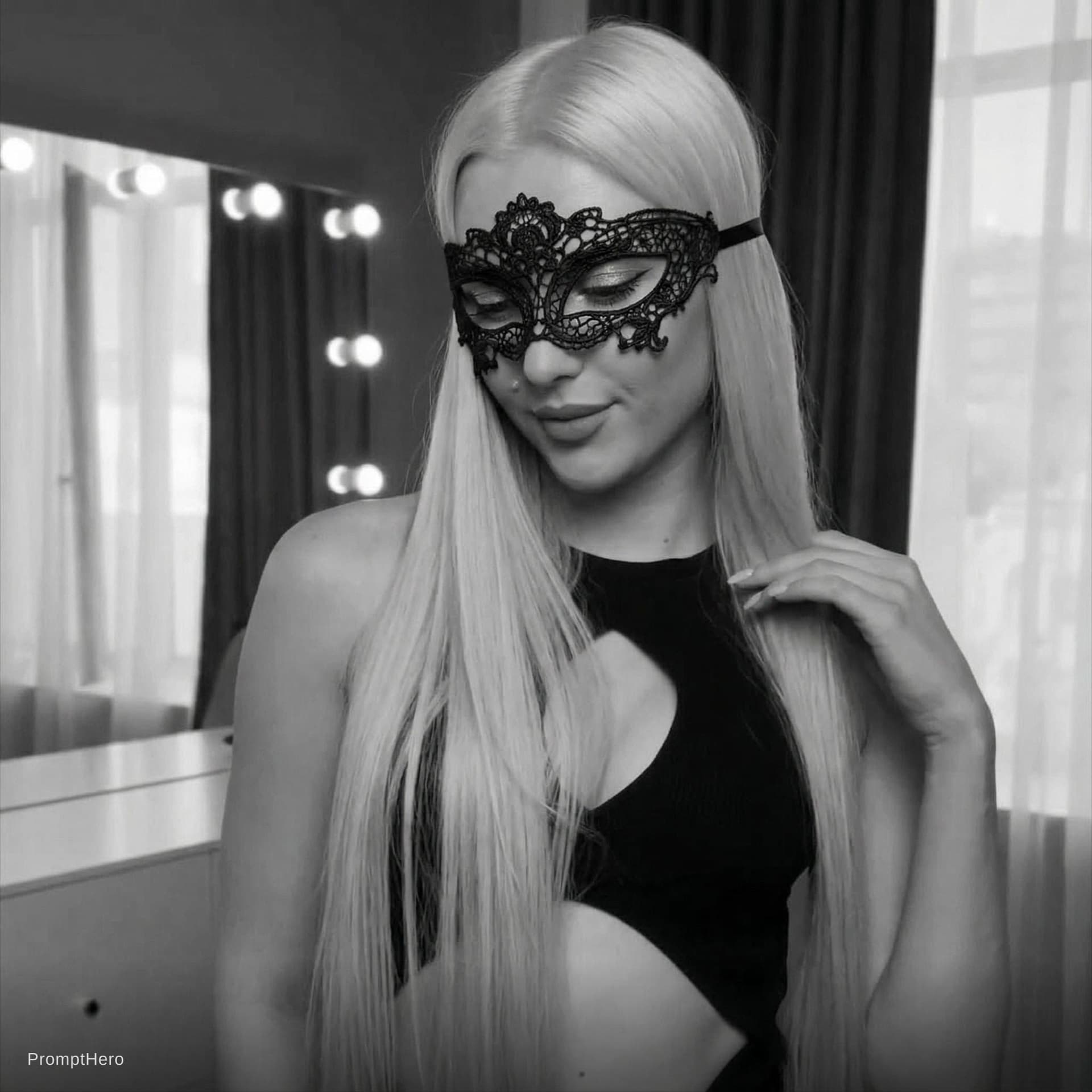 AI generated: put me a small venitian laced black mask.
