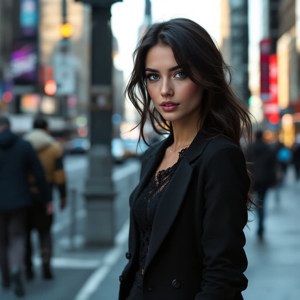 AI generated: beautiful girl, dark hair, blue eyes, athletic figure, full length, beautiful legs, lace outfit, bus...