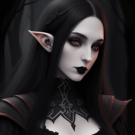 AI generated: Half-elf Dhampir female, dark hair, pale skin, gothic aesthetic, realistic portrait, head and should...