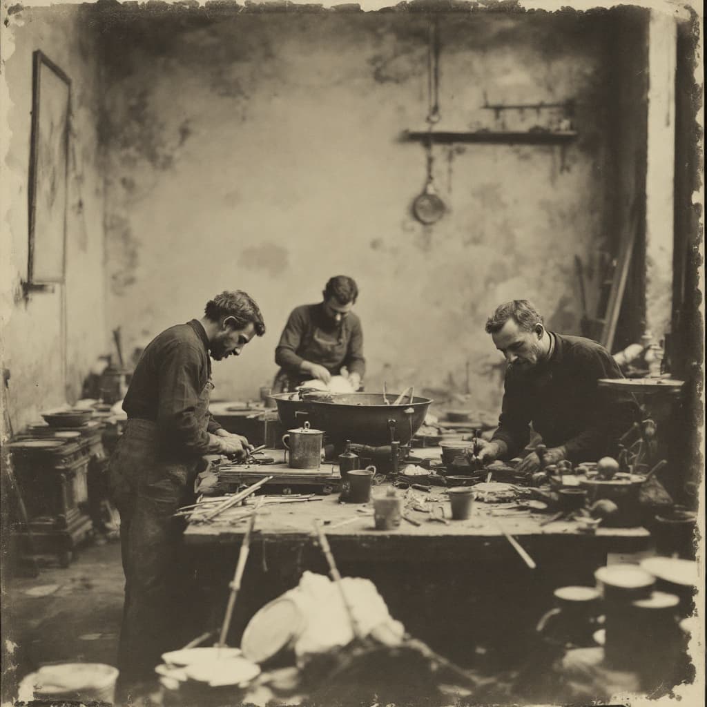 AI generated: Photograph of men working, Daguerreotype, calotype, tintype, collodion, ambrotype, carte-de- visite,...