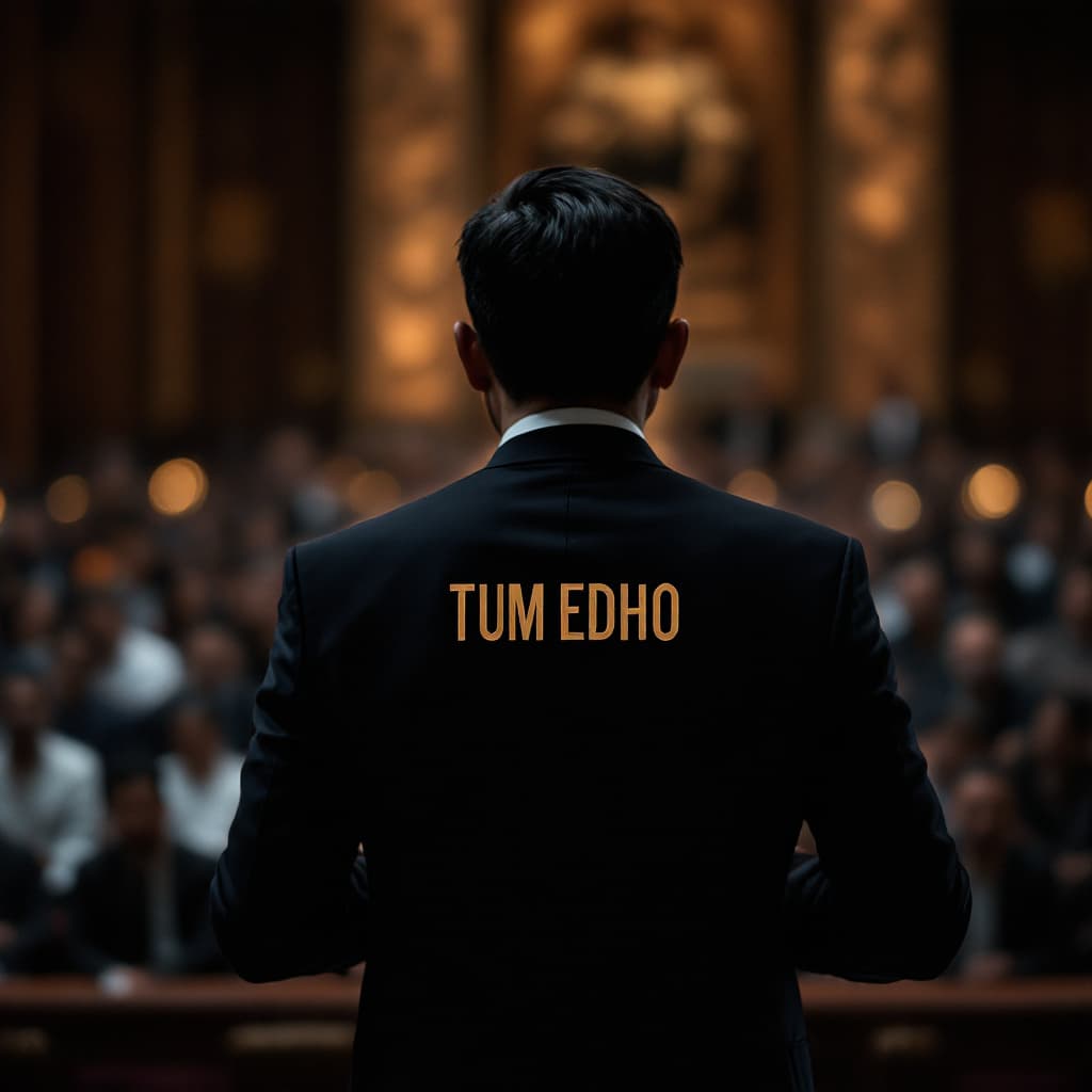 AI generated: a potrait of indonesian politician wearing suit and has a letter give a speech in a front of many pe...