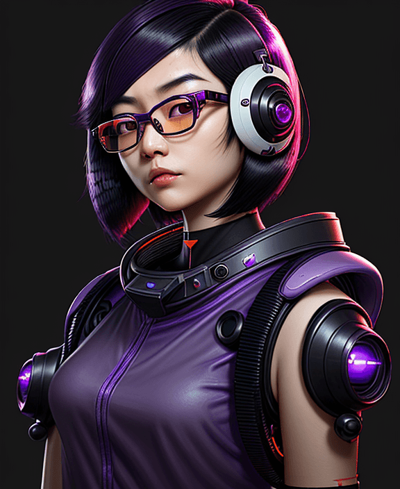AI generated: young Asian thoughtful woman, shoulder-length purple and black hair, nerd, techie, a orange pair of ...