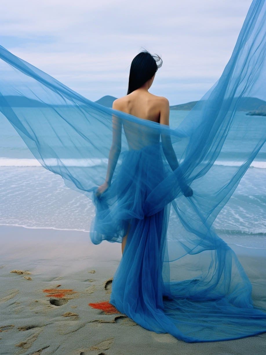 AI generated: a woman in a blue dress on the beach, in style of ren hang, fashion model features, in a style combi...