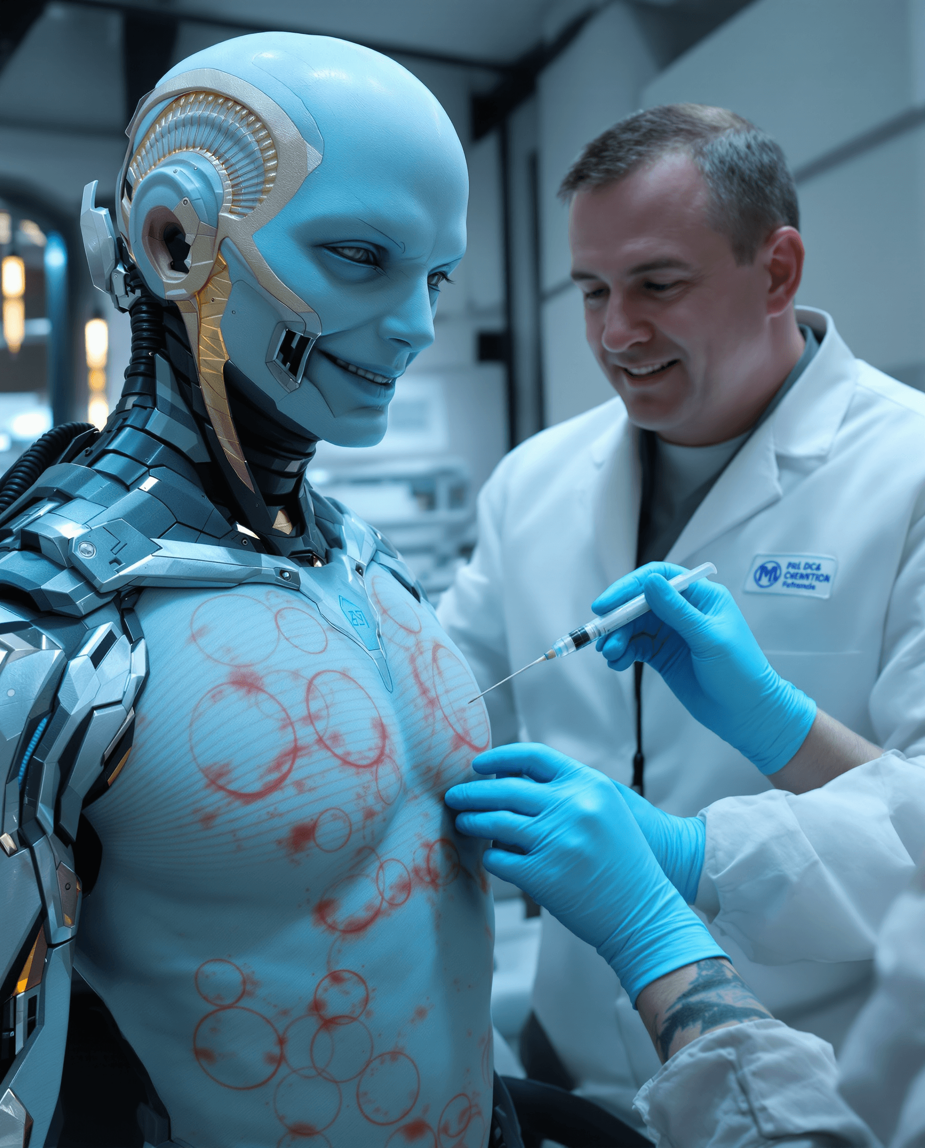 AI generated: Create a dystopian futuristic science fiction style scene in which Bynar Vincic, a humanoid,  with b...