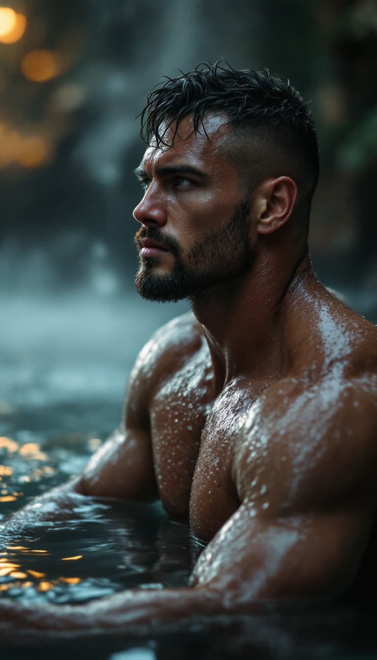 AI generated: fashion editorial, high quality, a photograph of a sturdy man with a pronounced jawline, side profil...