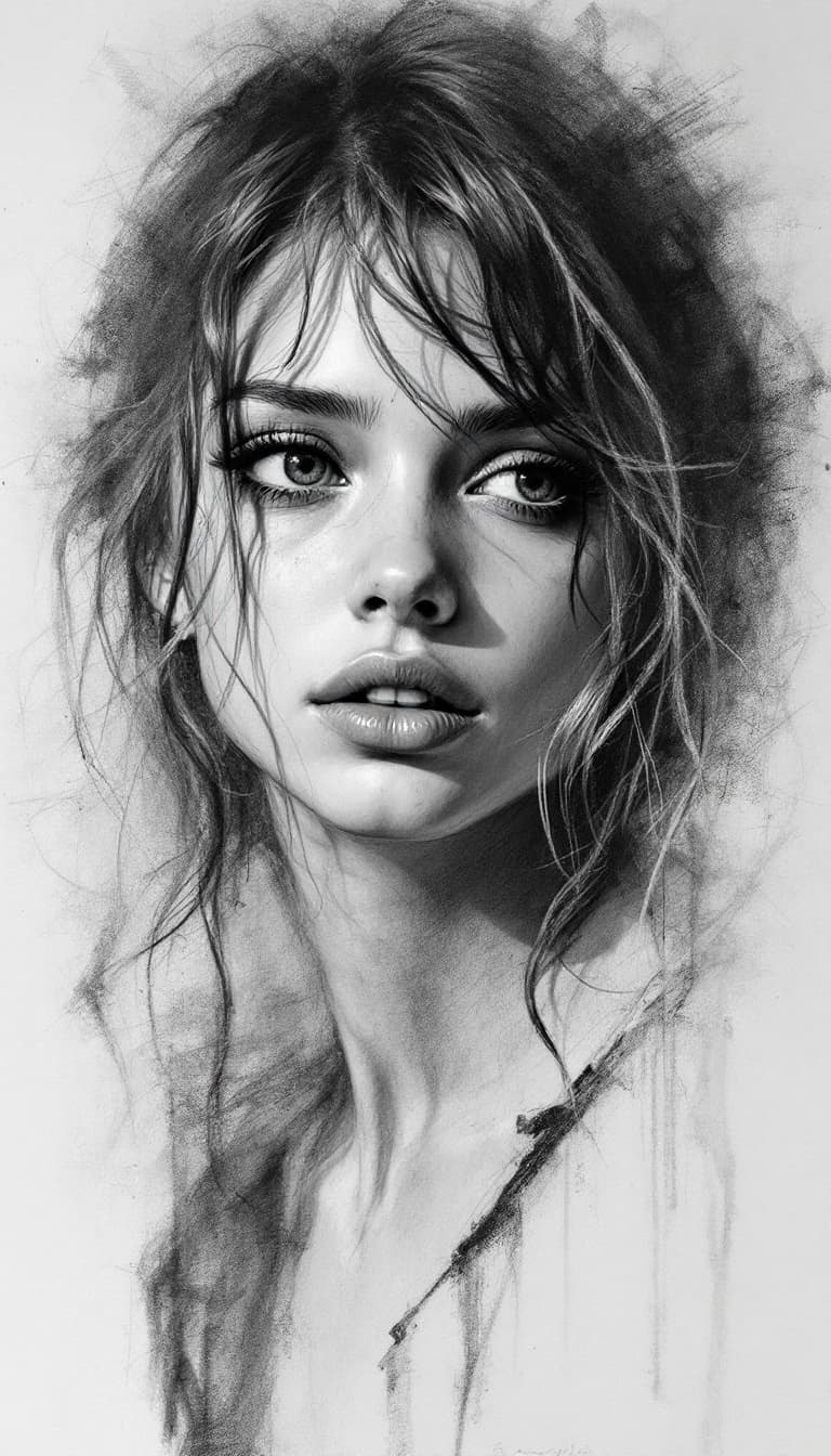 AI generated: girl, charcoal sketch, expressive mood