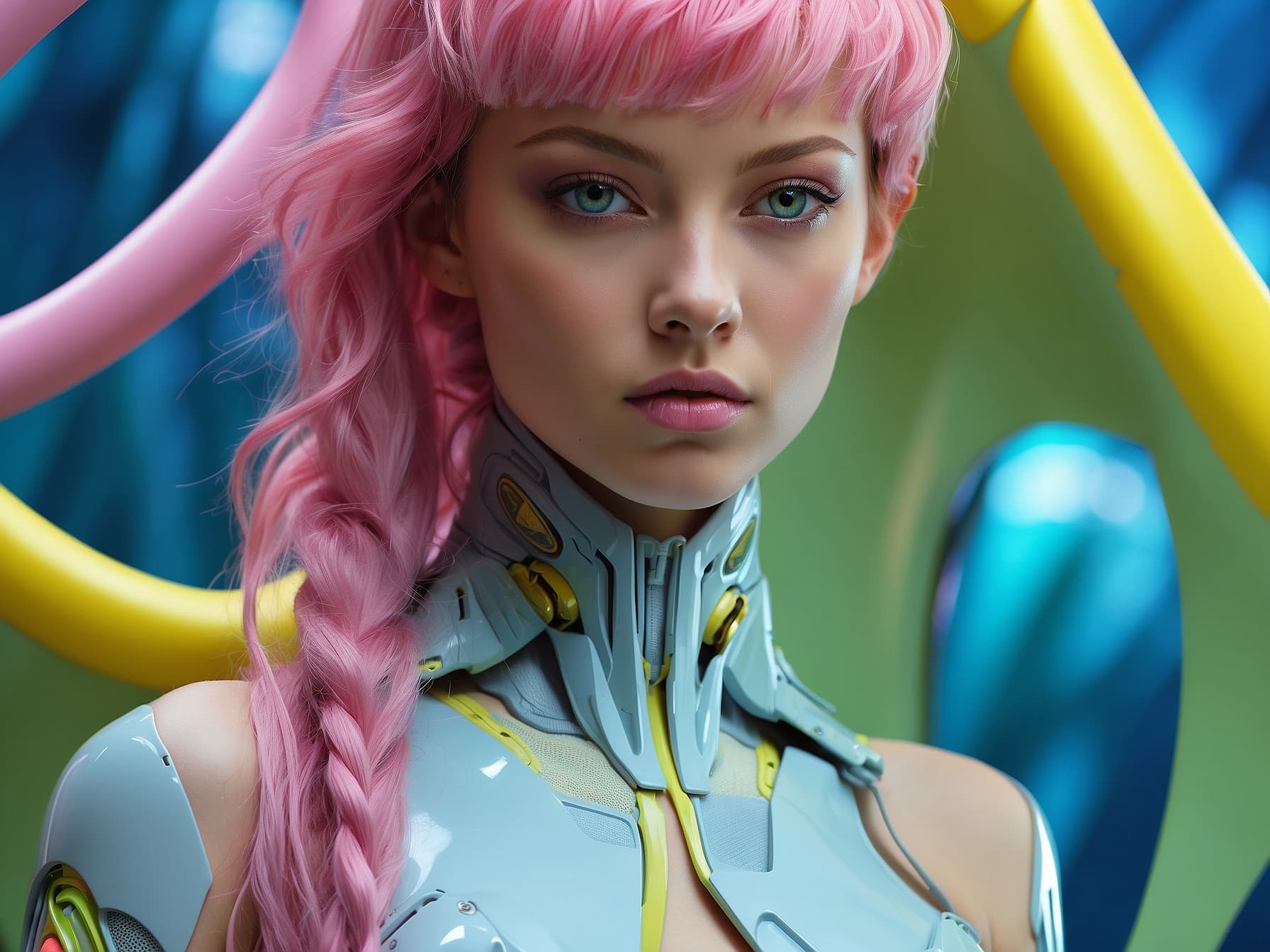AI generated: a woman with pink hair wearing a futuristic outfit, cyberpunk art by Jan Tengnagel, cgsociety, retro...