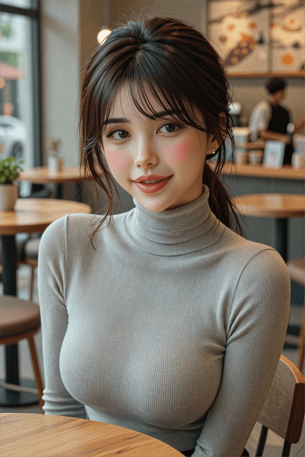 AI generated: A photorealistic high-angle portrait of a beautiful young Asian woman sitting at a wooden cafe table...
