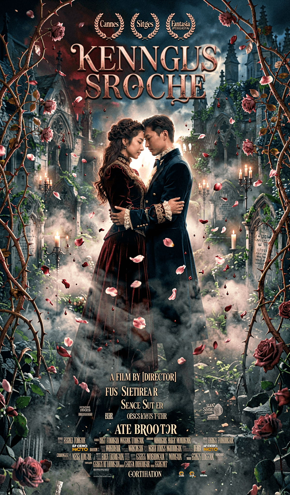 AI generated: Romantic horror movie poster, 2:3 aspect ratio. A hauntingly beautiful scene: a couple in Victorian-...