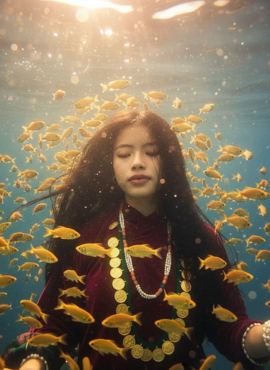 AI generated: hyper realistic photograph of a girl underwater with school golden fish around, closeup shot dreamy ...