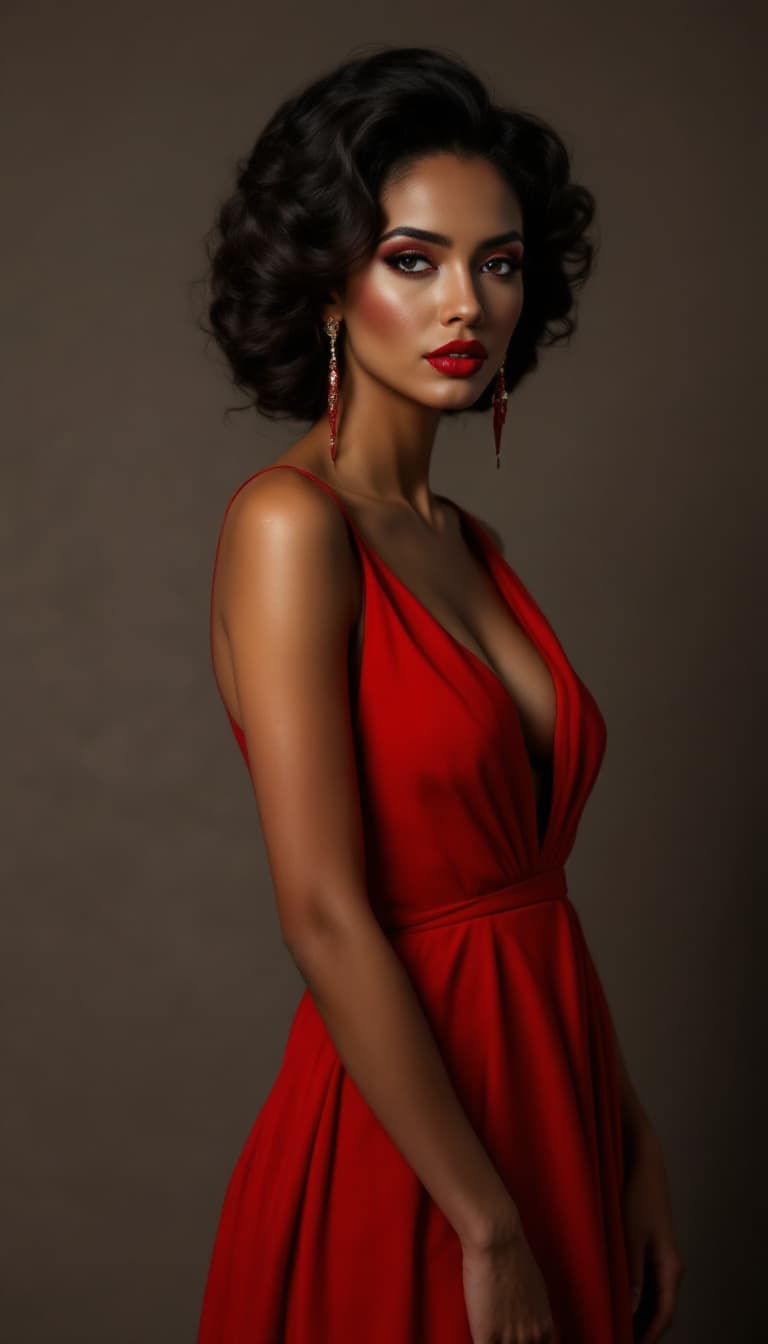AI generated: "Scarlet Sophistication in Soft Light": A poised woman with rich, dark tresses styled into an intric...