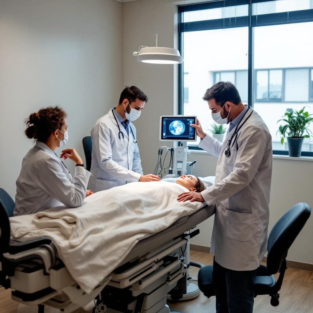 AI generated:  medicos en una practica de ecografia que incluya pacientes y se muestre la equipo de eco con su pan...