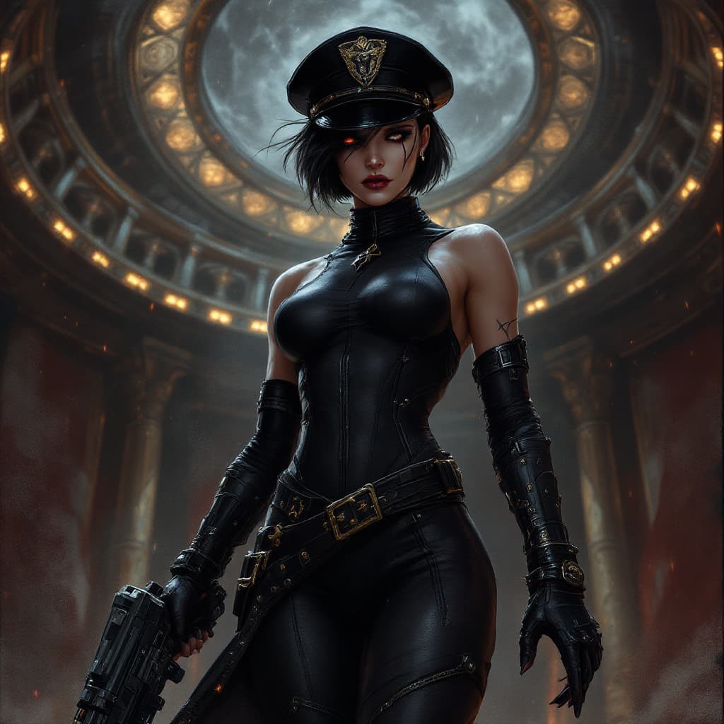 AI generated: artwork in the grimdark style of warhammer 40k of a sexy female comissar, standing infront a gothic ...