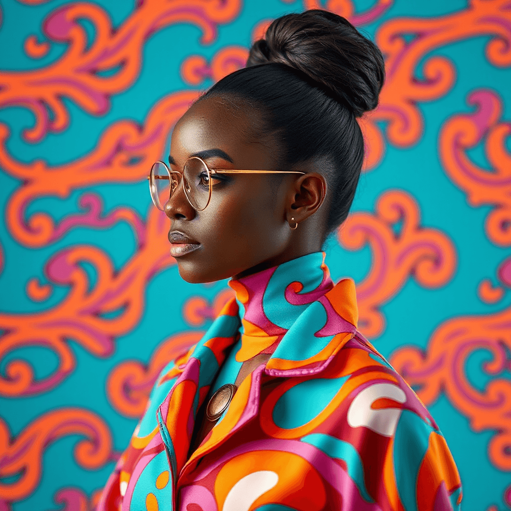 AI generated: This is a high-resolution photograph featuring a woman with dark skin, styled in a modern and vibran...