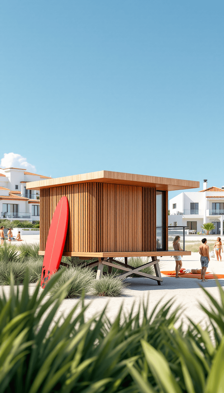 AI generated: A high-quality vertical rendering of a modern coastal lifeguard station with sleek wooden slats and ...