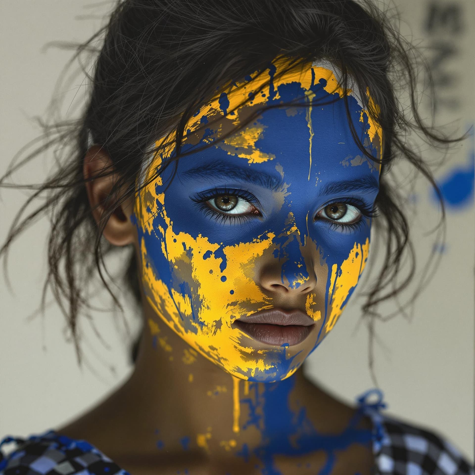 AI generated: a girl with paint on her face, in the style of dark yellow and dark azure, master of ink, acrobatic ...