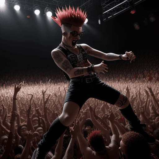 AI generated: Red mohawk punk rocker moshing in the pit at D.R.I. concert