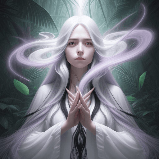 AI generated: a wizard woman with long hair in white, in the style of enigmatic tropics, fantastic realism, light ...