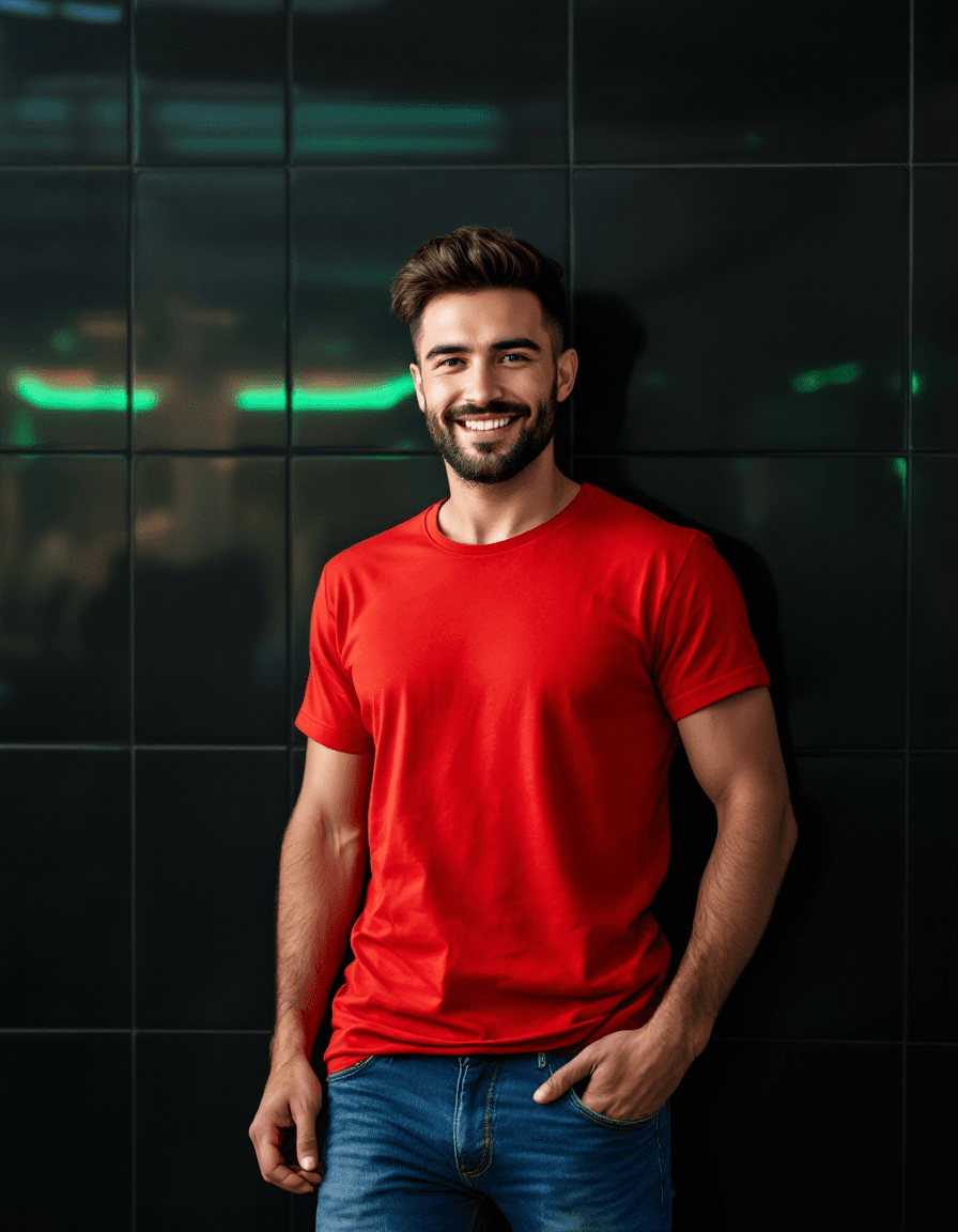 AI generated: Hyper-realistic upper boody photo of a handsome caucasian man, dark burst-taper hair, trimmed-short-...