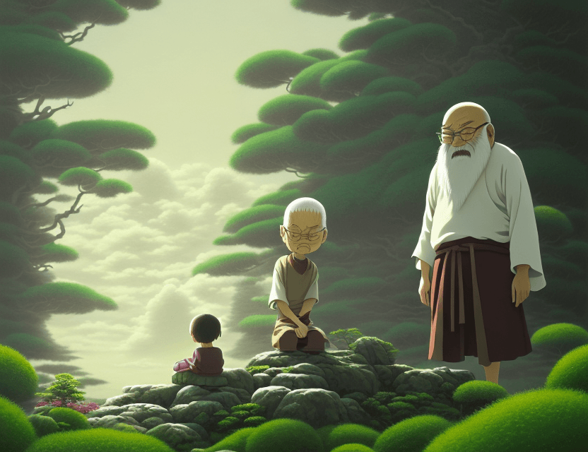 AI generated: create a painting of an old zen master sitting in front of a young warrior who is standing and zen m...