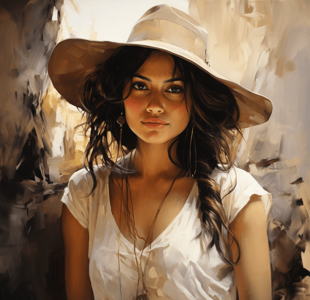 AI generated: a painting of a woman in Indian dress and earrings, in the style of dmitri danish, sepia tone, beaut...
