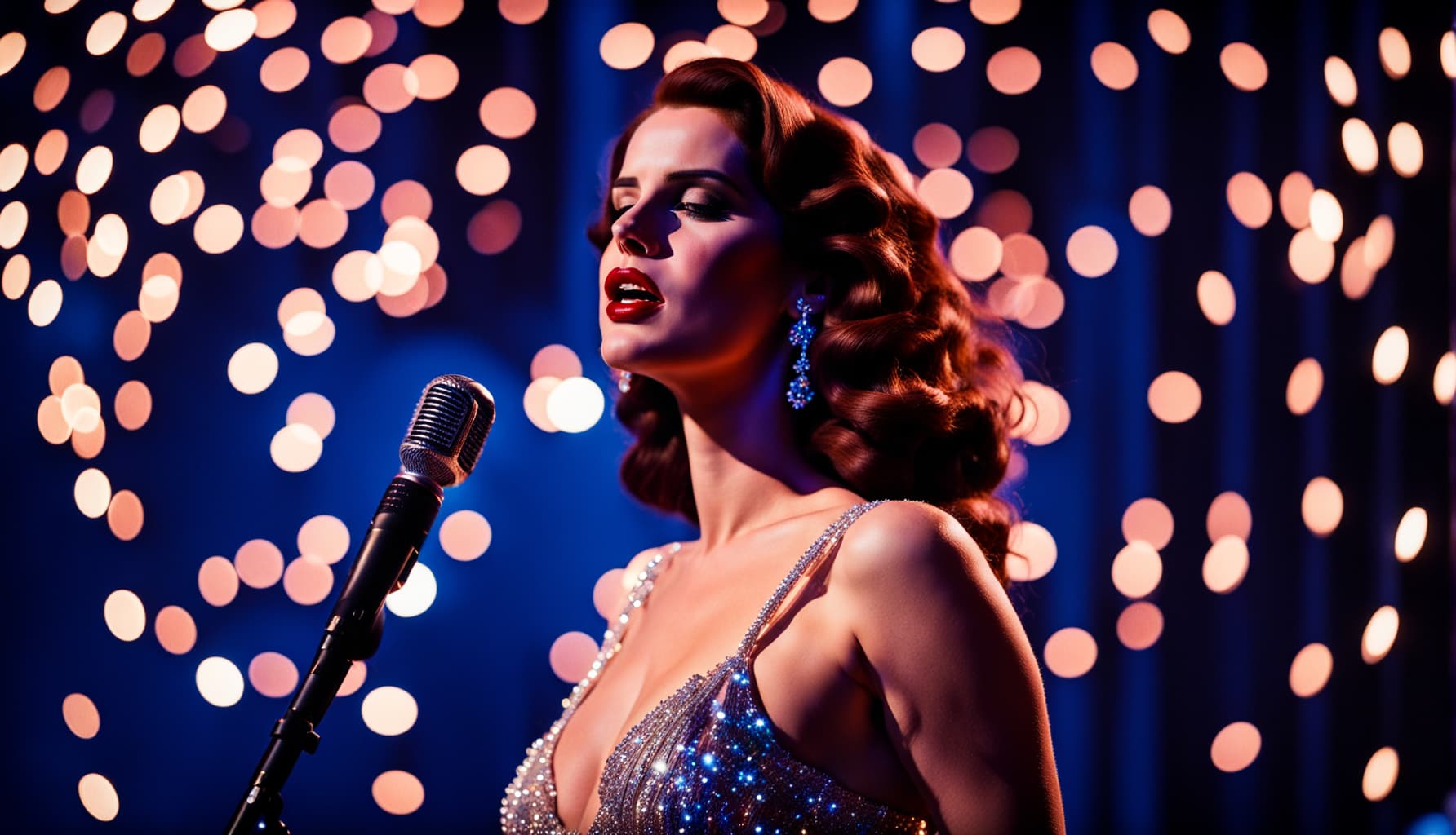 AI generated: RAW portrait photograph of Lana del Rey singing a song, the iconic look, dynamic pose, night, anatom...