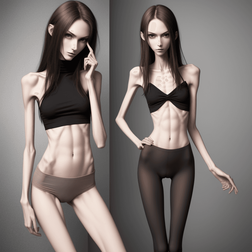 AI generated: extreme beautiful skinny slender (almost anorexic)  girl with skinny slender thighs narrow, long fin...