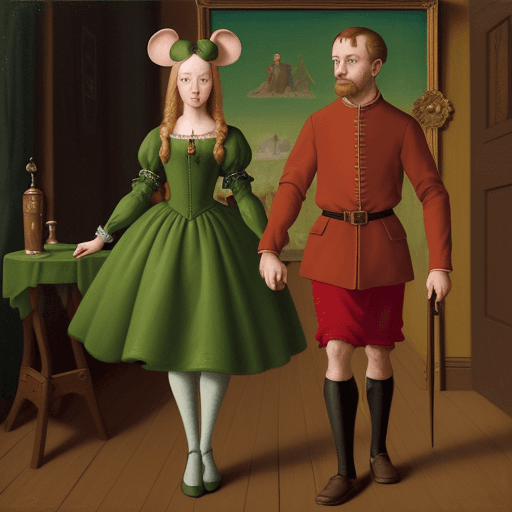 AI generated: Arduous painting in the style of Jan van Eyck, an old wooden table on which are placed two medieval ...