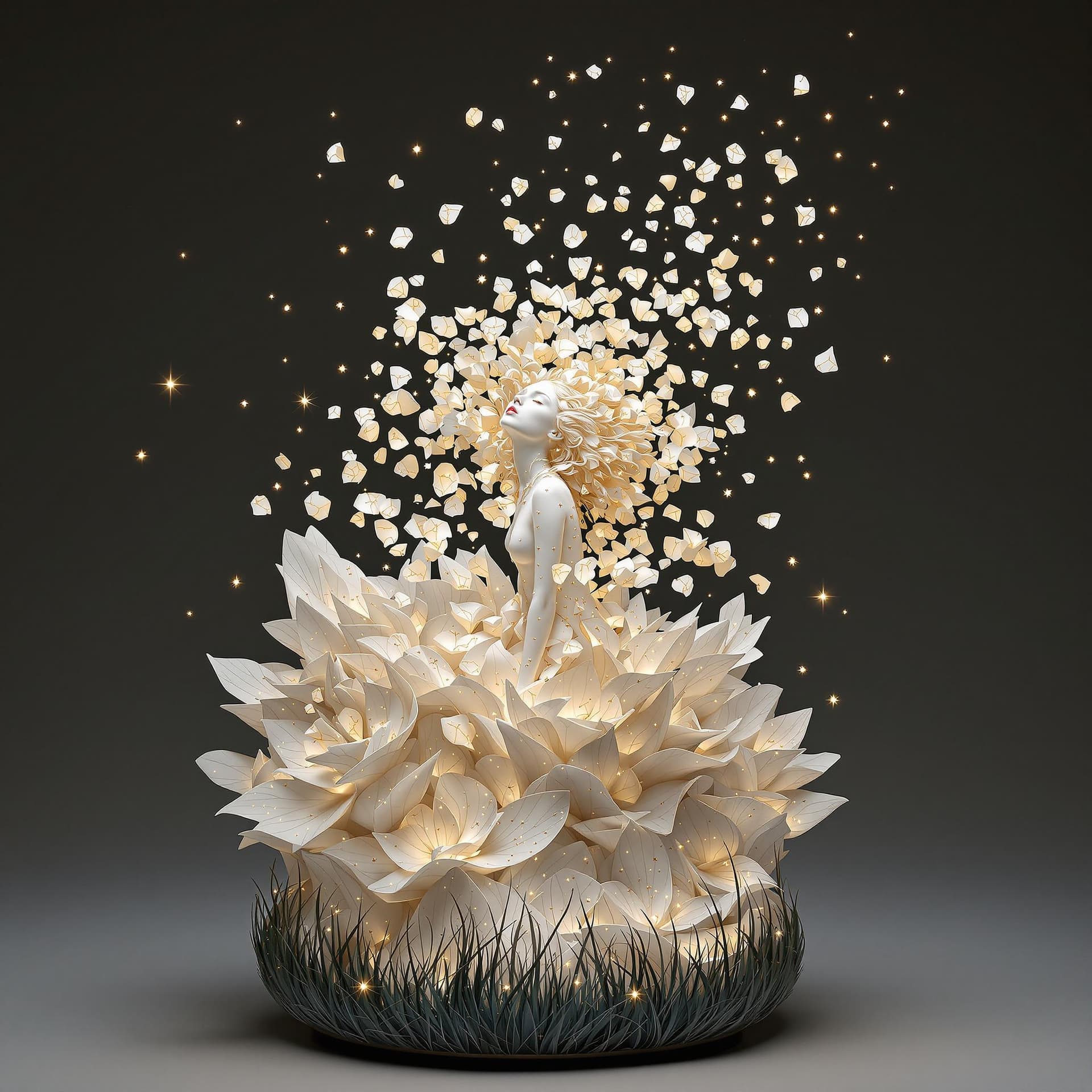AI generated: "A kinetic porcelain sculpture of a woman with golden kintsugi detailing, her form dissolving into p...