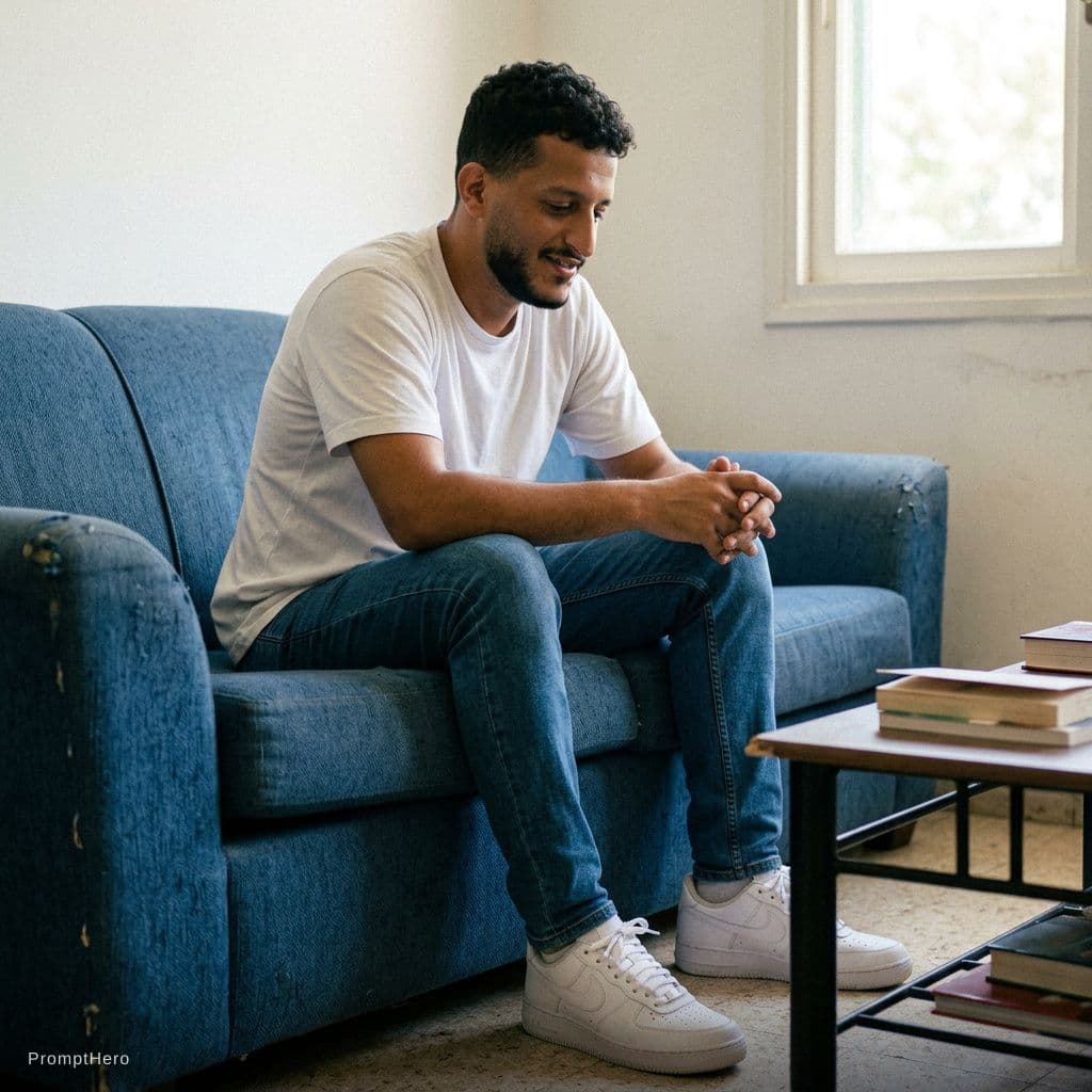 AI generated: Wearing a white shirt and a blue jeans with Nike air force white sitting on a couch and let the phot...