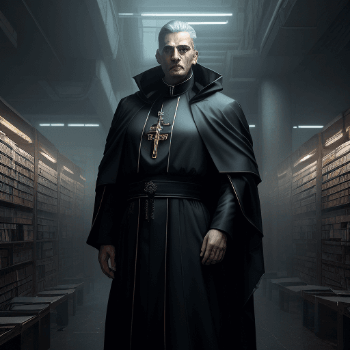 AI generated: In the chilling dystopian cityscape of a Cyberpunk future, a man with a commanding presence, dons an...