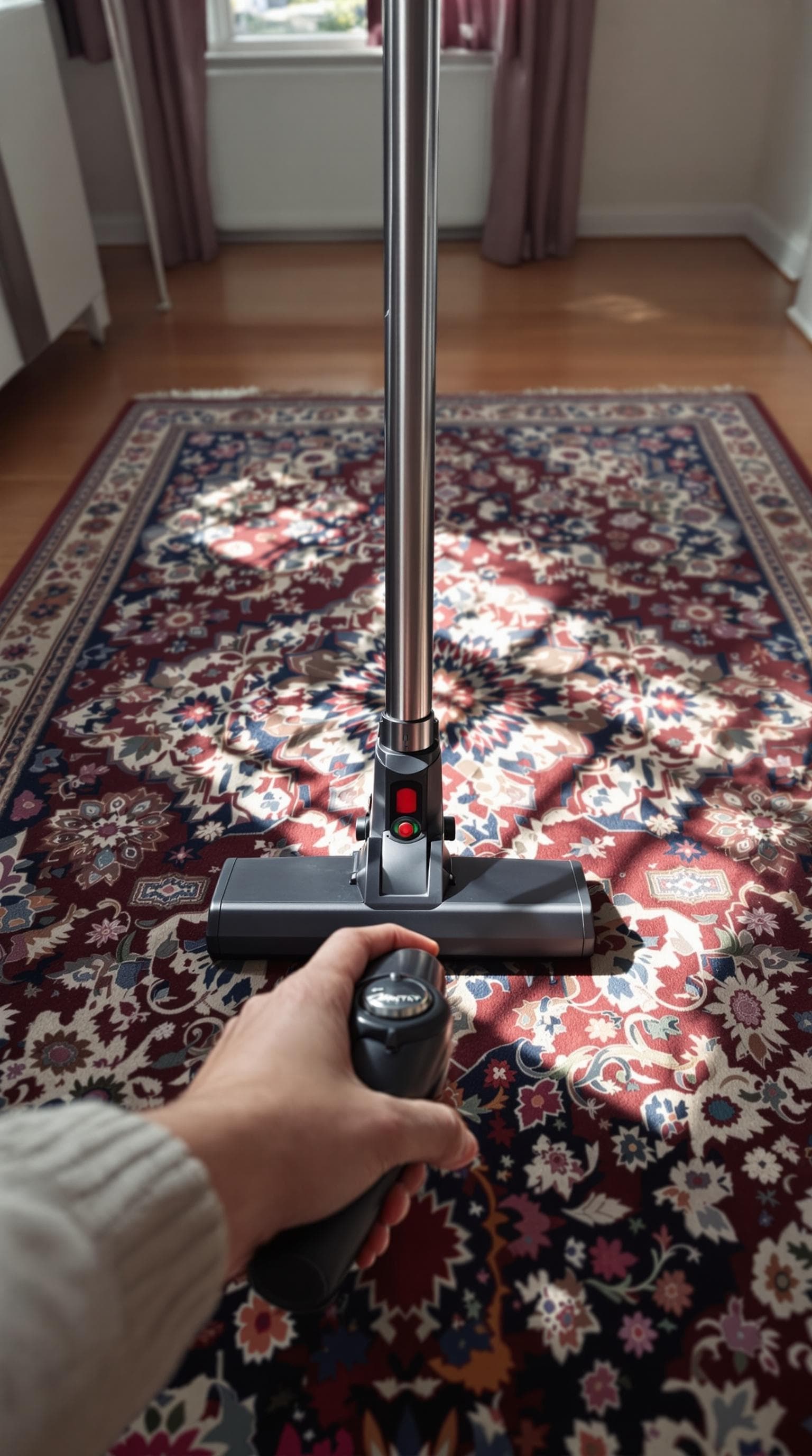 AI generated: POV first-person, I am vacuuming the floor in my small, minimalist home. The camera captures my firs...