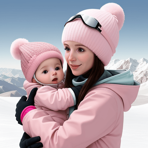 AI generated: a baby in his mother's arms with a pink snow hat and a white coat, in his hand he has a snowboard an...