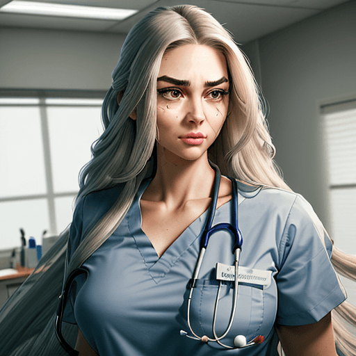 AI generated: A realistic photo of a woman in medical scrubs and a comforting presence. She has long, flowing hair...