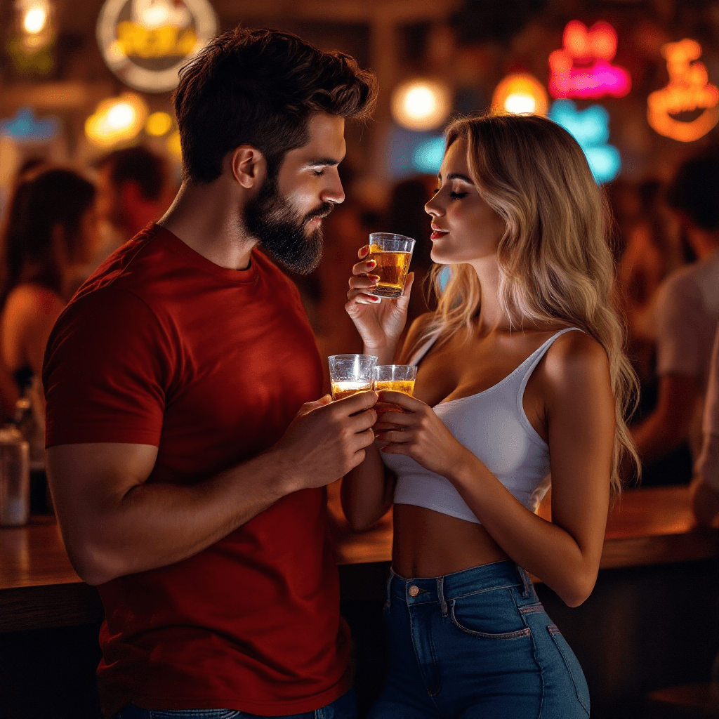 AI generated: A beautiful couple (Ana and Mike), standing in a crowded bar, drinking tequila from small shot glass...