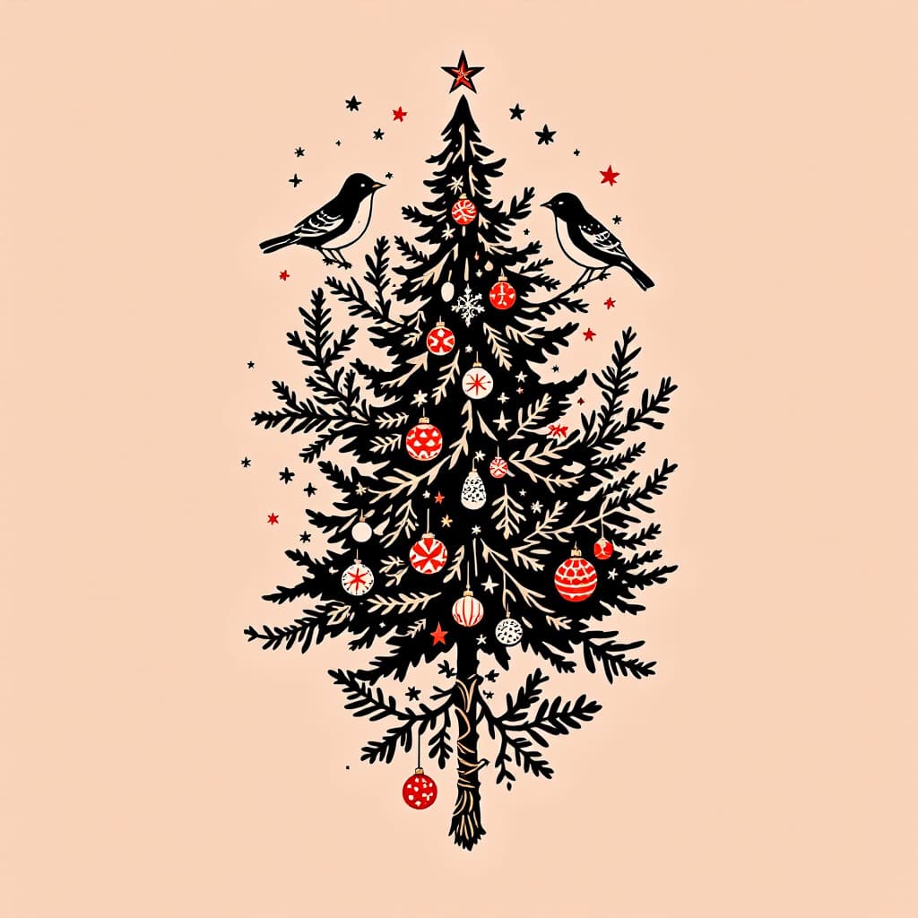 AI generated:  a flat vector tattoo with a christmas trees with bird ornaments
