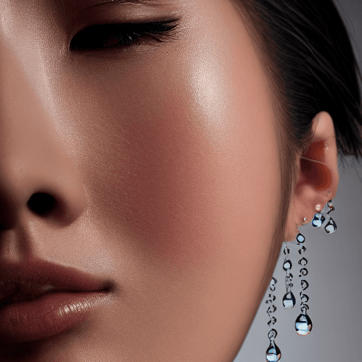 AI generated: An incredibly detailed close up macro beauty photo of an Asian model, wearing earring made of drops ...