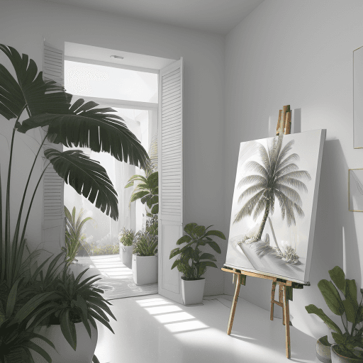 AI generated: Photo of a ultra realistic  modern white Atelier with easel and white canvas on a white wall with ar...