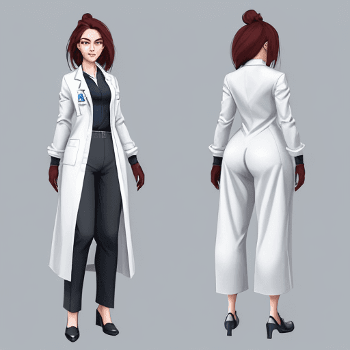 AI generated: Facility admin, open lab coat, formal, female, long pants, stylized, lineart, game concept art, conc...