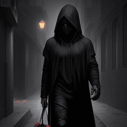 AI generated: a dark hooded figure in a dark dystopian city walking with roses in his hand by his side.  