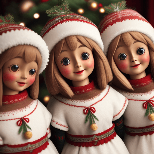 AI generated: Lapland Christmas, a close up of a three cute smiling Sami blythe dolls big eyes, smiling, wearing t...