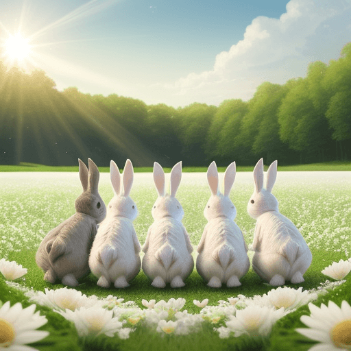 AI generated: five small photo-realistic rabbits playing on a green field with lots of white flowers, sun from beh...