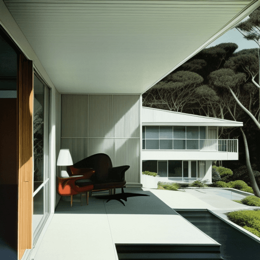AI generated: Hyper realistic eye level exterior photo of a mid century modern style house overlooking the ocean, ...