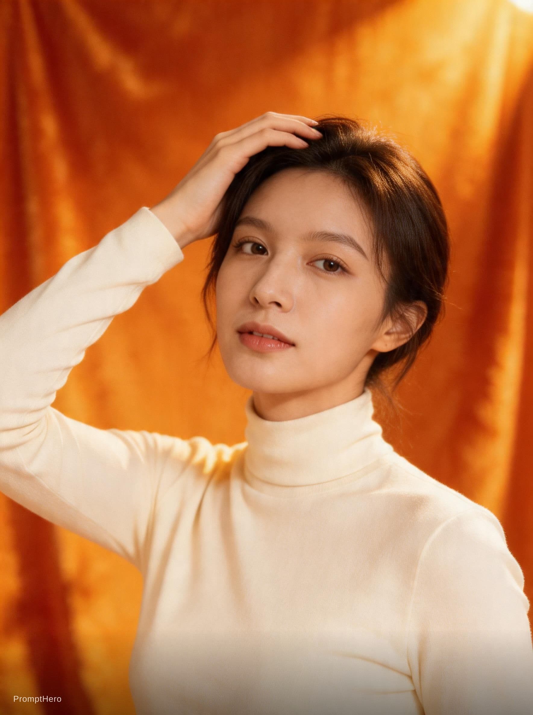 AI generated: Cinematic vertical video (9:16), single Korean female model posing in a studio. Solid orange backdro...