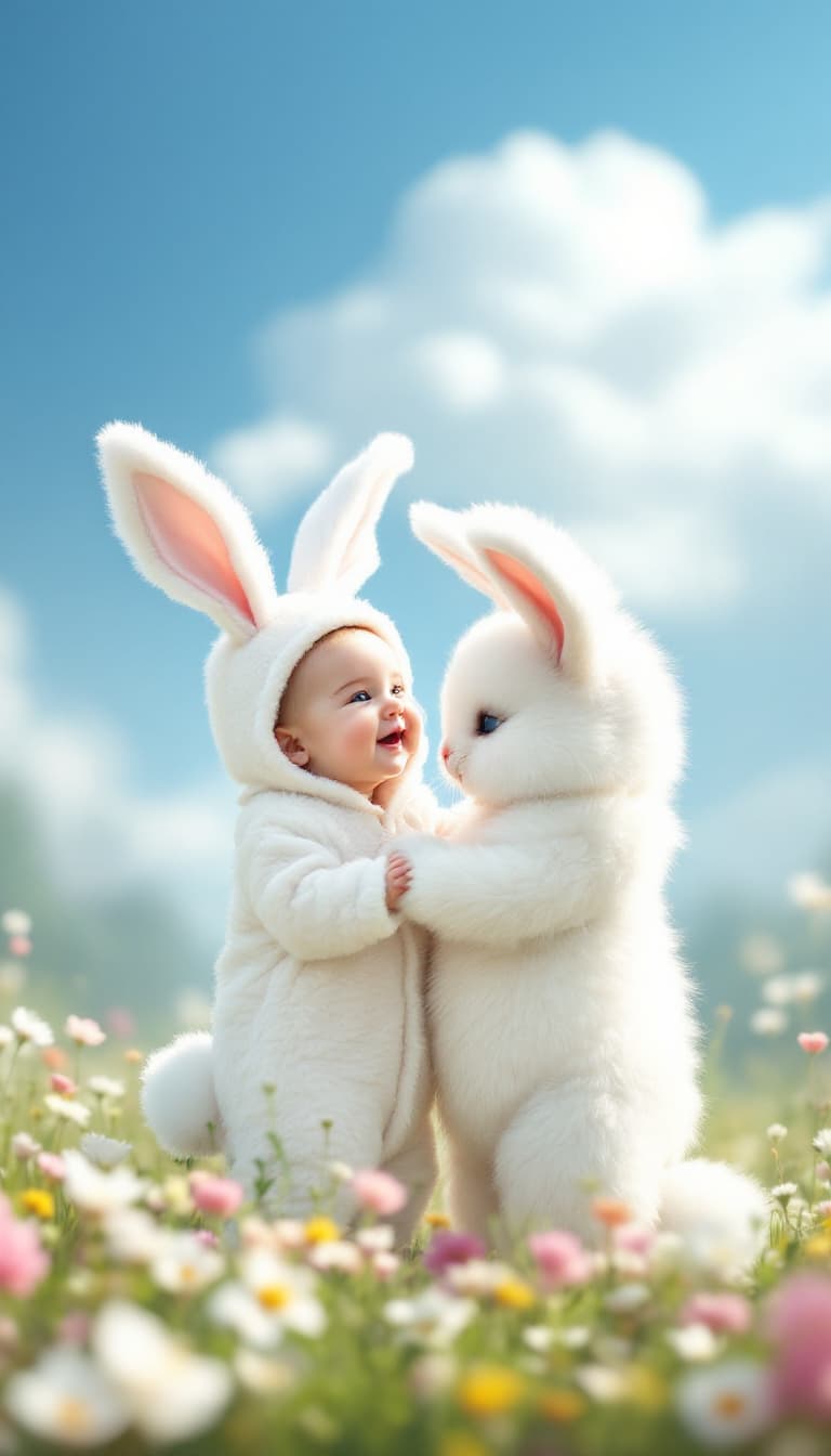 AI generated: A hyper-realistic image of a baby and a fluffy white bunny, both the same size; the baby is dressed ...