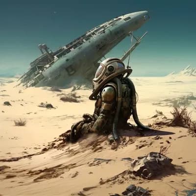 AI generated video: A dead, still and motionless alien sits on a sand dune, the wind blows all around it.  