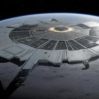 AI generated video: The camera begins from a distant orbital view of a massive circular lunar space station and slowly p...