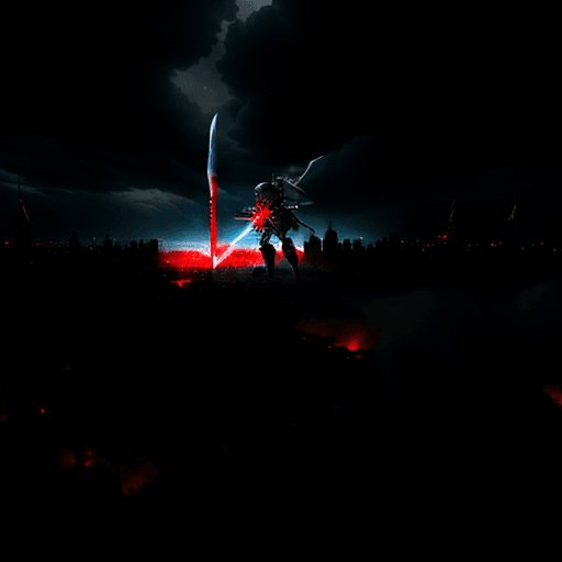 AI generated: A knight destroying an entire city with his sword while the sky is tearing, slams his big sword into...
