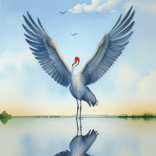 AI generated: Crane bird standing in water looking up at the sky with wings spread, watercolor, painting