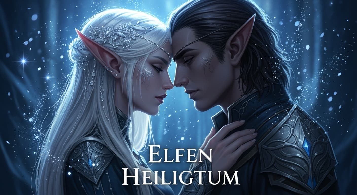 AI generated: A fantasy-themed digital artwork featuring two elf-like figures in an intimate moment against a  blu...